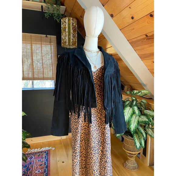 Leather Fringe Jacket Black Vintage - Picture 7 of 9
